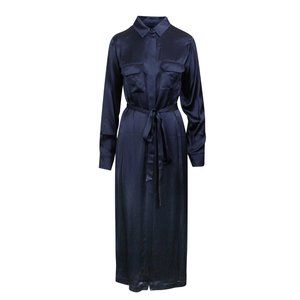 A_PLAN_APPLICATION Navy Blue Satin Button Down Shirt Dress Size S $1030
